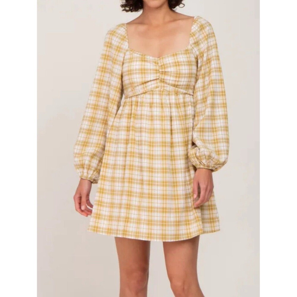Promesa Plaid Mini Dress Size M Bubble Long Sleeves Cottage Core Prairie Boho